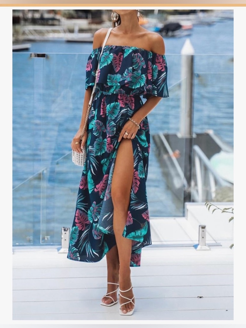 Cupshe Navy Off-Shoulder Tropical Leaf Maxi Dress with Teal & Pink Print - Picture 5 of 6